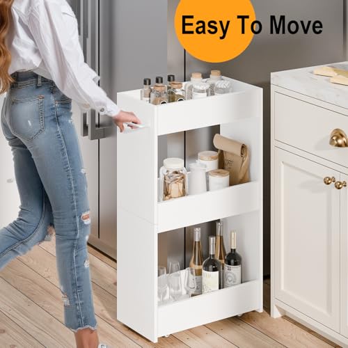 MARTY Wood Rolling Storage Cart 7.9" W, 3 Tier White Slim Utility Kitchen Cart on Wheels Laundry Room Bathroom Organizers Narrow Shelves with Handle Mobile Shelving Unit for Small Places - color: White