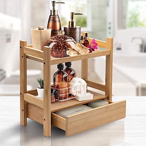 Sorbus Bamboo Bathroom Counter Organizer – 2-Tier Shelf with Hidden Drawer for Vanity, Matcha Station, Bathroom Sink Organizer Countertop, Kitchen & Office Storage (13″ L x 6.5″ W x 12.6″ H) - color: Natural Bamboo, size: 13" x 6.5" x 12.6"