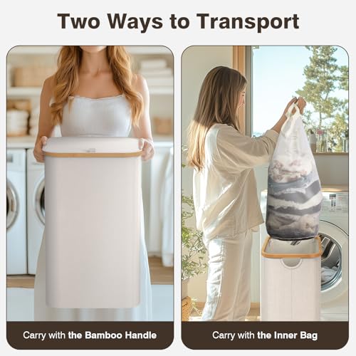 100L Laundry Hamper with Lid, Large Laundry Basket with Bamboo Handles, Clothes Hampers for Laundry with Removable Bag, Dirty Clothes Hampers for Bedroom Aesthetic, Beige - color: Beige