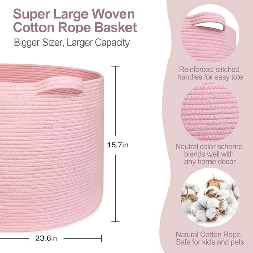 MEGASKET 115L Oversized Pink Basket, 23.6"x15.7" Woven Cotton Rope Bin with Handles, XXXL Blanket Storage for Living Room, Kids Toy Storage Bin Box, Baby Laundry Basket for Organizing, Pink Room Decor - color: Pink, size: 23.6"x23.6"x15.7"
