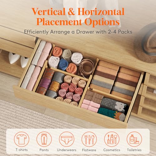Lifewit 4" High 8 Pack Bamboo Drawer Dividers 31-40cm/12-16 Adjustable Wooden Drawer Organizer for Clothes/Utensils, Expandable Drawer Separator for Dresser/Kitchen/Bedroom/Office Organization - size: 4"H, 12-16"L