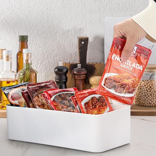 BSTKEY Seasoning Packet Organizer, Food Storage Organizer with Divided 4 Bamboo Wood Compartments, White Plastic Storage Caddy for Pantry Cabinet, Kitchen Organization Bin for Snacks Spice Packets - color: White