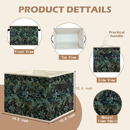 Dark Floral Botanical Storage Bin Box with Handles, Vintage Nature Butterfly Plant Foldable Linen Fabric Laundry Basket for Home Bedroom Bathroom Clothes Toys Books - color: Floral-C