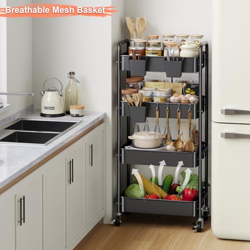 4 Tier Rolling Cart Metal with Wheels, Black Four Tiered Rolling Storage Cart on Wheels, Utility Roller Carts Organizer for Art, Craft, Baby Diaper Caddy, Snack, Book, Large-Capacity Shelving Units - color: Matte Black, size: 4-Tier + Cups + Hooks