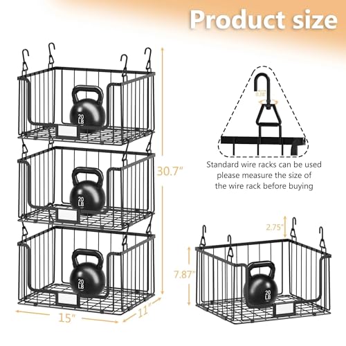 3-Pack Hanging Laundry Organizer, Stackable Wire Shelf Storage with Label Cards, Foldable Metal Baskets with 360 Rotating Hooks, Space-Saving for Laundry Room, Closet & Pantry, 11"15" Large, Black - color: Black, size: 3Tier-15"D x 11"W