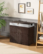 Greenstell Laundry Hamper with lid, No Install Needed, 130L Wicker Laundry Baskets Foldable 2 Removable Liner Bags, 2 Section Clothes Hamper Handwoven Rattan Laundry Basket with Handles, Brown - color: Brown, size: 130L (26.2x13.3x24.0 Inches)