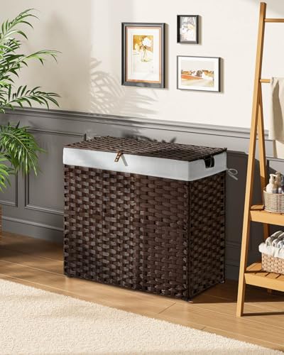 Greenstell Laundry Hamper with lid, No Install Needed, 130L Wicker Laundry Baskets Foldable 2 Removable Liner Bags, 2 Section Clothes Hamper Handwoven Rattan Laundry Basket with Handles, Brown - color: Brown, size: 130L (26.2x13.3x24.0 Inches)
