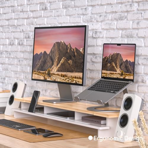 Monitor Stand Dual Monitor Stand Riser for Desk,Wood Desk Shelf Storage Organizer with Phone Tablet Holder (42.5 Inch, White & Natural Bamboo) - color: White & Natural Bamboo, size: 42.5 inch