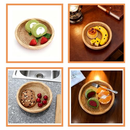 Handwoven Rattan Small Key Bowl - 7.6 Inch Round Catch All Tray for Keys,Coins, Wallet, Jewelry - Natural Wicker Organizer for Entryway, Desk, Nightstand