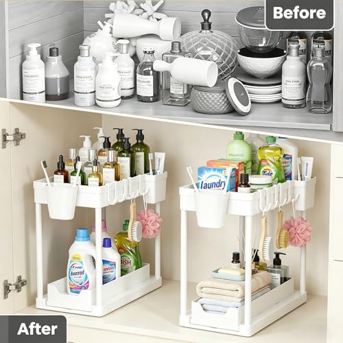 Under The Sink Organizer, 2 Tier Sliding Under Kitchen Sink Organizer, Multi-Use Pull Out Cabinet Organizer for Countertop, Bathroom, Pantry & Office Organization (White(1 pack)) - color: White(1 pack)