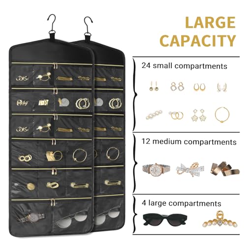 CHICECO Hanging Jewelry Organizer With Zippered Pockets,40 Pockets Travel Jewelry Organizer Storage for Cloest,Wall,Door - color: Black