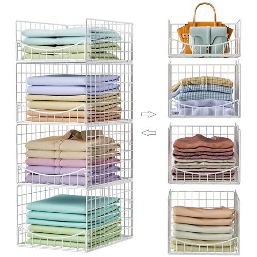 Hongtamoya 4-Tier Stackable Closet Organizers and Storage Shelves, Foldable & Mutifunctional Clothes Storage Basket Sweater Organizer Bins Container for Wardrobe Kitchen Office Bathroom, White - color: White, size: 14.3"D x 12"W x 32"H | Stackable