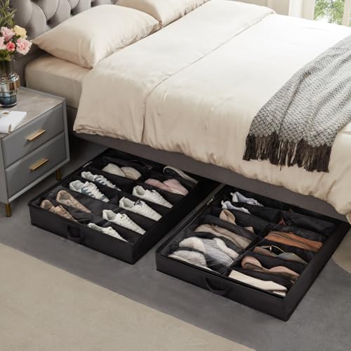 Lifewit Under Bed Shoe Storage Organizer 4 Pack(16 Shoes Cells), 4.3 Inches Profile Fabric Shoes Container Box with Clear Cover, Foldable Storage Bag with 2 Handles, Fits 32 to 64 Pairs - style: 16 Shoes Cells