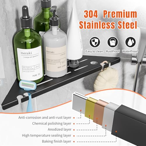 Permanent Tile-in Corner Shower Shelves with Hooks, Modern 304 Stainless Steel Shower Caddy for Bathroom Renovation & Hotel, Heavy Duty No-Drill Grout Mount Organizer for Tile Wall,10", 2 Pack - color: 2-upgraded Black