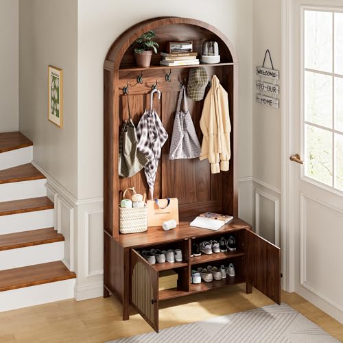 Hall Tree with Bench and Shoe Storage, Entryway Storage Bench with Coat Rack, 78.74" Coat Rack with 7 Hooks and Adjustable Shelves, Farmhouse Style Furniture Organizer for Hallway (Walnut, 78.74"H) - size: 78.74"H