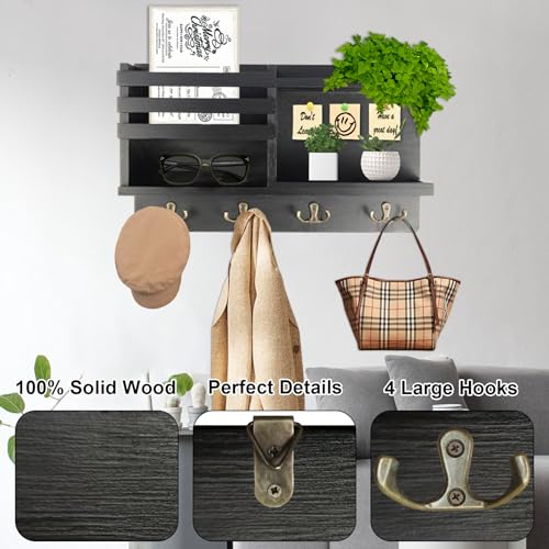 Farmhouse Wall Decor Key Holder with Mail Organizer - Solid Wood Wall Mount Key Rack (8 Hooks) | Self-Adhesive/Drill Install | Entryway Shelf for Keys, Sunglasses & Home Organization (BLACK)