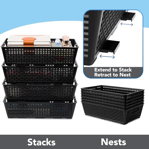 Tiawudi Stackable Woven Plastic Basket, Storage Bins for Cabinet, Closet, Shelf, Under Sink and Countertop, Pantry Organizer Bins, 6 Pack - color: Black
