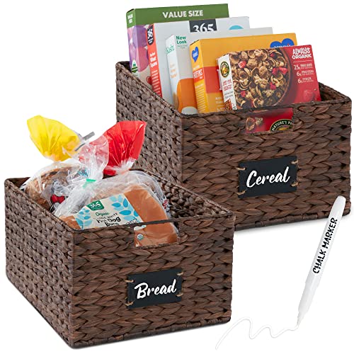 Best Choice Products Pantry Baskets Set of 2 16x12in Water Hyacinth Storage Baskets, Woven Wicker Kitchen Organizers with handles w/Chalkboard Label Chalk Marker - Brown - color: Brown, size: 12x16x8in
