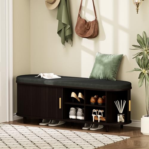 DHH 2-Tier Storage Bench,Wide Shoe Bench with Thickened Padded Seat Cushion, Mid Century Modern Fluted Sliding Door and Adjustable Shelf, for Entryway, Living Room, Bedroom (Dark Walnut, 51.2”) - color: Dark Walnut, size: 51.2 inch