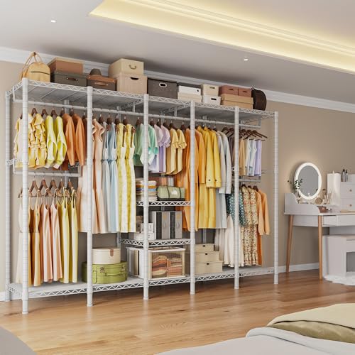 Raybee 88.2" W Clothes Rack Heavy Duty Clothing Racks for Hanging Clothes Extra Wide Portable Closet Loads 1200LBS Freestanding Garment Rack for Bedroom 88.2" W x 75.6" H x 15.7" D, White - color: White, style: NO COVER