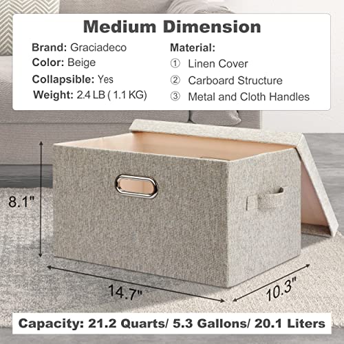 Graciadeco Medium 15" 21 Quart Collapsible Stackable Storage Bins with Lids, 5 Packs Beige Foldable Fabric Closet Boxes Heavy-duty Linen Cube Baskets Container for Bedroom Office (15 x 11 x 8) - color: Beige, size: Medium -5 Pack