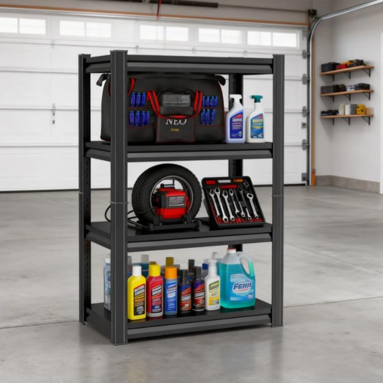 Garage Storage Shelves, 4-Tier Heavy Duty Metal Shelving Unit, 2400LBS, Adjustable Shelves and Storage Rack, Utility Garage shelving for Kitchen, Warehouse, Basement, Pantry, black, 16"W x 12"D x 44"H - size: 16"W x 12"D x 44"H