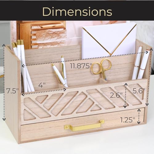 BLU MONACO | Wooden Mail Organizer with Drawer and Gold Handle | Outgoing Mail Holder and Letter Sorter for Desk | Natural Wood Desktop Paper Organizer - color: Natural Wood