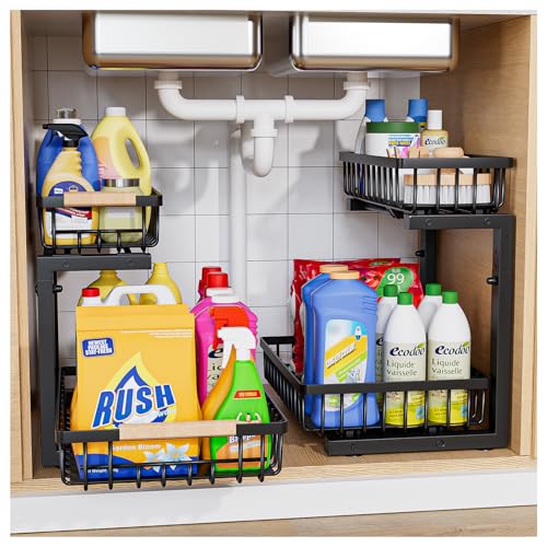 Under Sink Organizer,2 Pack Under Kitchen Sink Organizer,2 Tier Sliding-Out,5 Level Height Adjustable,Thickened Carbon Steel,Anti-Rust Treatment,for Kitchen Bathroom Black