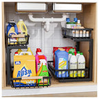 Under Sink Organizer,2 Pack Under Kitchen Sink Organizer,2 Tier Sliding-Out,5 Level Height Adjustable,Thickened Carbon Steel,Anti-Rust Treatment,for Kitchen Bathroom Black