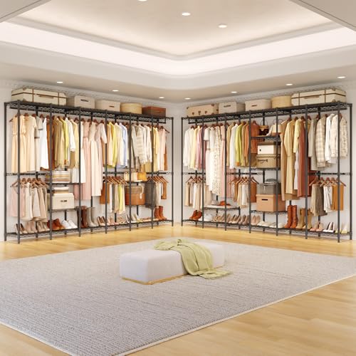 ONBRILL F6 Free Standing Industrial Pipe Clothes Rack, Large Heavy Duty Metal Garment Rack, Closet Organizer Storage System with Adjustable Shelves & Hanging Rods, Portable Wardrobe - Black - color: Black