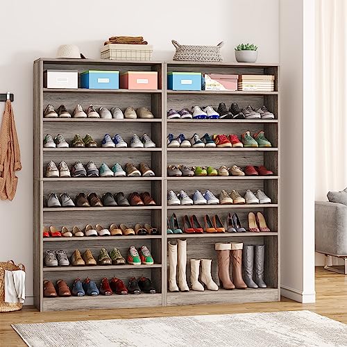 Tribesigns Tall Shoe Cabinet, 9 Tiers 40-45 Pairs Heavy Duty Wood Freestanding Shoe Storage Cabinet, 70.8'' Tall Shoe Cabinet with Open Storage for Entryway (1, Beige Gray) - color: Beige Gray