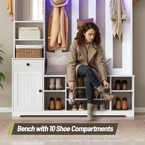 Hall Tree with Bench and Shoe Storage, 59.1" Farmhouse Entryway Bench with Coat Rack and Fabric Drawer, 11 Coat Hooks and 10 Shoe Cubbies, LED Lights, Rotating Mirror with Shelves, White