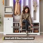 Hall Tree with Bench and Shoe Storage, 59.1" Farmhouse Entryway Bench with Coat Rack and Fabric Drawer, 11 Coat Hooks and 10 Shoe Cubbies, LED Lights, Rotating Mirror with Shelves, White