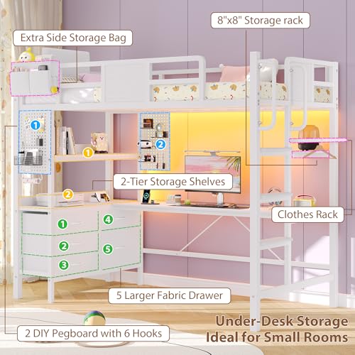 Dnxao Loft Bed Twin Size with L-Shaped Desk, Heavy-Duty Metal Twin Loft Bed with 5 Storage Drawers, LED Lights & Charging Station, Reinforced Stable Structure for Small Room Dorm Apartment, White - color: White, size: Twin loft bed with 5 drawer
