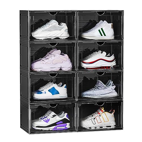 8 Pack XL Shoe Storage Box Organizer,Drop Side Large Shoe Boxes Clear Plastic Stackable Container,Magnetic Sneaker Display Case, Fit up to US 13（13.4”x 10.6”x 8.3”(8 Pack Black) - color: XL 8 Pack Black