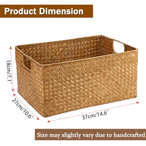 Hipiwe Seagrass Storage Baskets Bin for Shelf Handwoven Wicker Baskets Built-in Handles Rectangular Closet Bedroom Organizer Box Multipurpose Woven Basket Bins,14.6"x 10.6"x 7.1" - color: Caramel, size: Large,14.6"x10.6"x7"