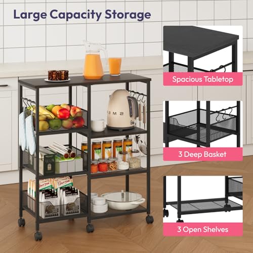 SWTYMIKI Kitchen Island Cart on Wheels - 4 Tier Rolling Kitchen Table Cart with Storage Shelves, 6 Removable Hooks& Locking Casters, Coffee Bar Cabinet for Dining Room Pantry Office, Black - size: 28x11.81in, style: Black