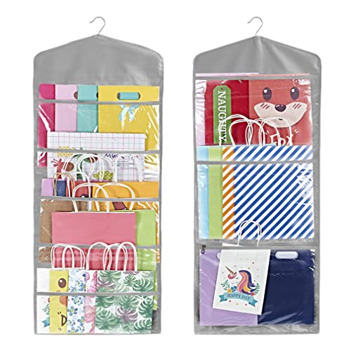 ProPik Hanging Double Sided Gift Bag Storage Organizer with Multiple Front and Back Pockets - Organize Your Gift Wrap, Tissue Paper, and Paper Bags 38 x 16 Inch PVC (Gray) - color: Gray