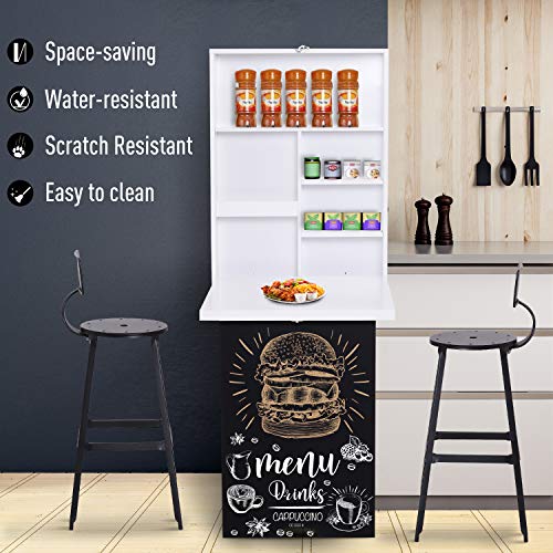 Foldable Wall Mounted Desk with Storage Shelves, Fold Out Convertible Computer Table with Blackboard, Folding Writing Table Workstation for Small Spaces,Home Office (White-a) - color: White-a
