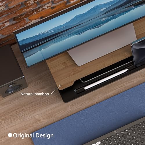 Computer Monitor Stand Riser, 16.5 Inch Wood Desk Shelf Storage Organizer with Phone Tablet Holder, Black & Dark Bamboo - color: Black & Dark Bamboo, size: 16.5 inch