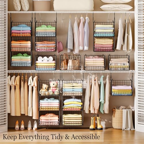 X-cosrack 3-Tier Hanging Storage Organizer for Closet, Laundry & Utility Room | Space Saving Shelves with 1.65" Hook & 5 S-Hooks | Hanging Wire Baskets (12.4" W x 8.8" H x 10.24-11.8" D) - color: Black, size: 3-Tier