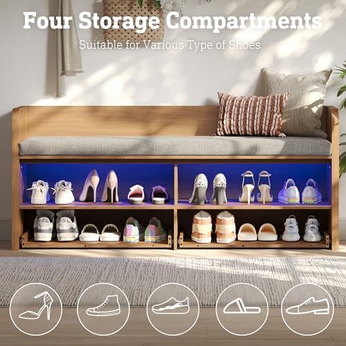 STO’Sense 47" Shoe Storage Bench with Cushion, Entryway Bench with UV Light & Backrest, Farmhouse Shoe Cabinet Bench with 2 Sliding Doors & 2 Pop-Out Drawers for Bedroom End of Bed, Hallway (Oak)