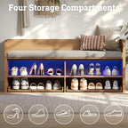 STO’Sense 47" Shoe Storage Bench with Cushion, Entryway Bench with UV Light & Backrest, Farmhouse Shoe Cabinet Bench with 2 Sliding Doors & 2 Pop-Out Drawers for Bedroom End of Bed, Hallway (Oak)