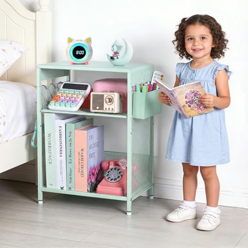 ECOLOVI Kids Nightstand 19in High for Floor Beds, 3-Tier Metal Small Bedside Table with Adjustable Storage Shelf, Basket & 3 S-Hooks, Low Nightstand for Nursery, Toddler Bedroom (Green) - color: Green