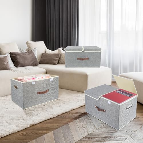 TYEERS Extra Large Collapsible Storage Bins with Lids and Compartments, Organizing Bins for Closet Storage, Clothes Storage, Cube Organizer for Home Office Storage - 3 Pack - Gray - color: Grey, size: 3-Pack 21.7x13x11.8 in