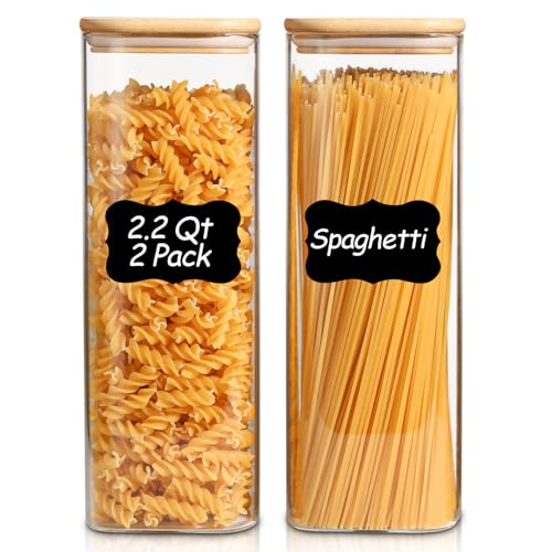 Rectangle Glass Storage Containers with Lids, Glass Jars with Bamboo Lids for Spaghetti, Pasta, Kitchen Pantry Storage Containers (2 pack 2.2qt) - size: 2 pack（2.2qt）