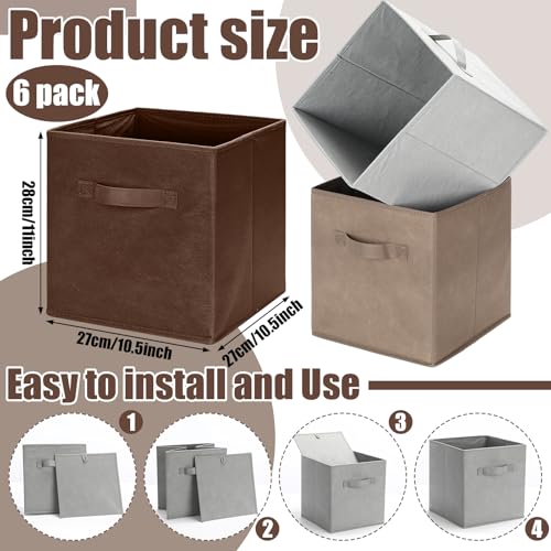 Karenhi 11" x 10. 5" x 10. 5" Brown Gray Storage Cube, 6 Pack Fabric Cube Storage Bins Organizer Box, Collapsible Baskets with Handles Foldable Shelf for Cloth Toys Home Room Closet, Pack of 6 - color: Brown Gray