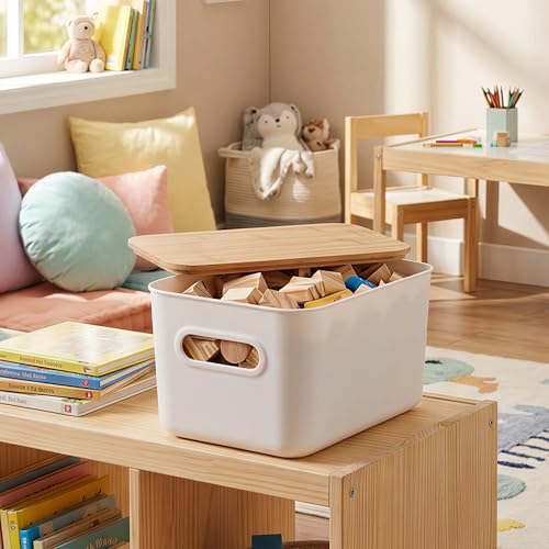 Citylife Storage Bins with Bamboo Lids 7QT Plastic Storage Containers Stackable Organizer Boxes with Handle for Desk Snacks, Toys, 4 PCS, 10" L x 7" W x 5.8" H - size: Small, style: 4 Pack