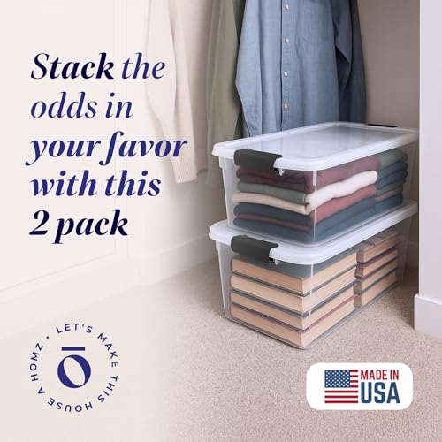 HOMZ 2-Pack Latching Lid, Large Clear Plastic Storage Bins with Lids, 66 Quart, Gray Latch - Stackable Container Boxes for Home, Bathroom, and Office Organization - color: Gray, size: 66 QT (2 Pack)
