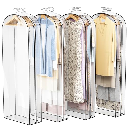Liuoud Clear Garment Bag for Hanging Clothes 10” Gusseted, 60” Suit Bags for Open Closet Storage Plastic Clothes Cover for Coat, Dress, Shirts, Fur, Jacket, Wardrobe Protectors, 4 Pack - color: Clear, size: 60 inch